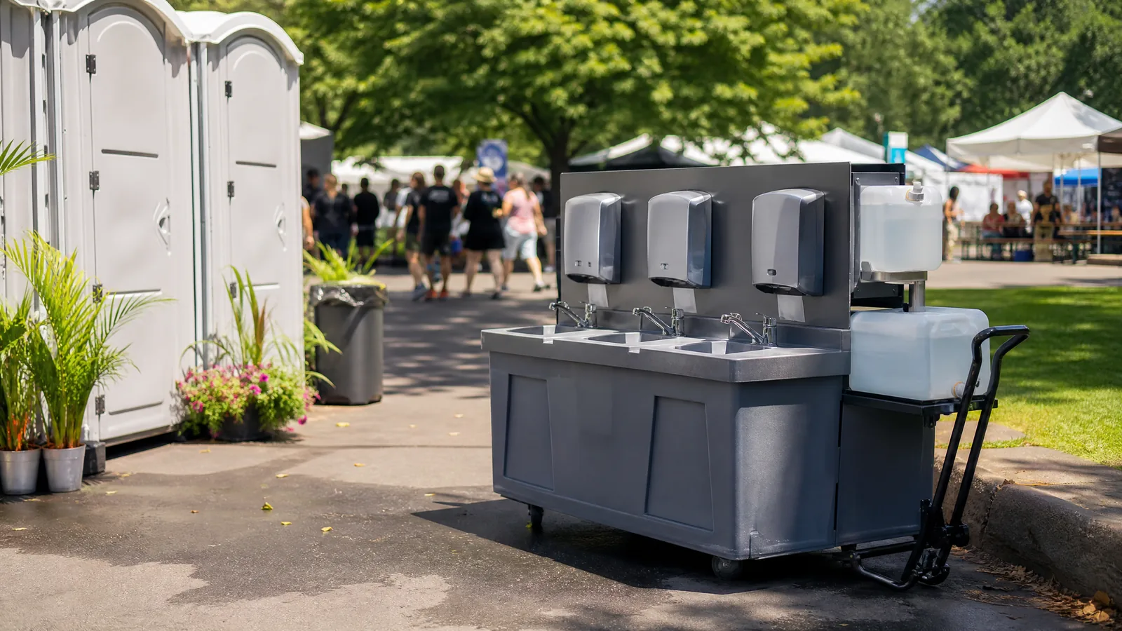 Portable handwashing station beside a neutral outdoor gathering area